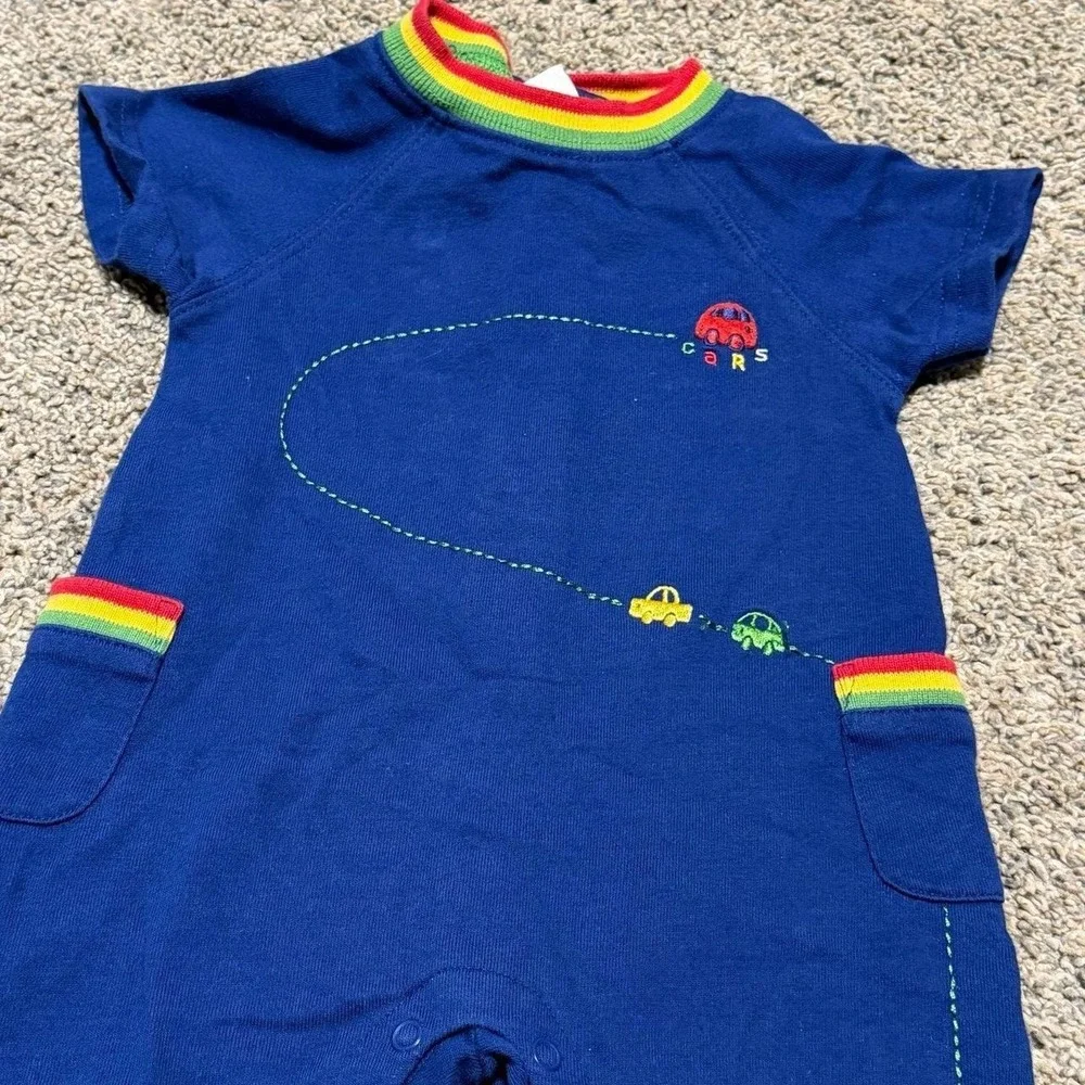 VTG Gymboree Baby Cars Romper 0-3 Months Blue Rainbow Trim Embroidered One Piece